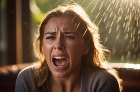 upset Caucasian woman screaming, crying indoors at home. shock and emotional breakdown, depressionの素材