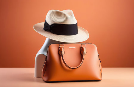 women hand bag, hat on mannequin on peach color background. summer fashion conceptの素材