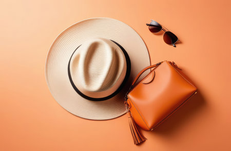 women hand bag, hat and sunglasses on peach color background, flatlay, top view. summer fashionの素材