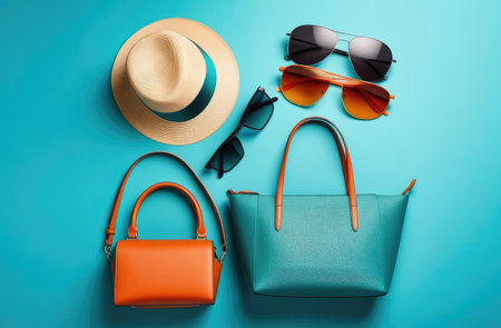 summer fashion flatlay composition. women hand bag, hat and sunglasses on blue background, top view.の素材