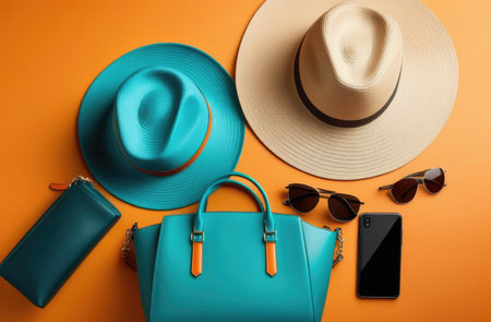 hand bag, hat, smartphone, sunglasses in teal and orange tones, flatlay, top view. summer fashionの素材