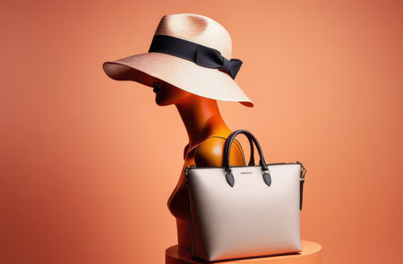 mannequin of woman with hand bag and hat on peach color background. fashion collection saleの素材