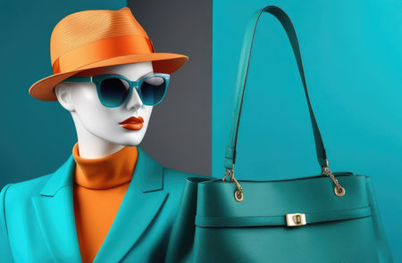 mannequin of woman with handbag, hat and sunglasses. fashion collection sale, shoppingの素材