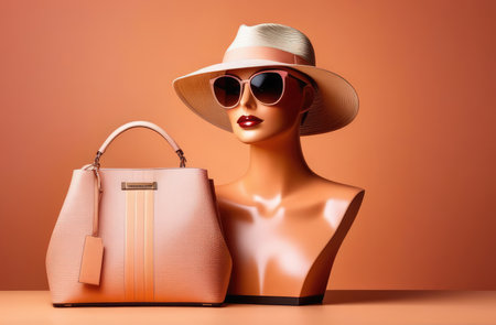 fashion collection. mannequin of woman with hand bag, sunglasses and hat on peach color background.の素材