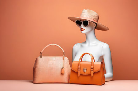 mannequin of woman with handbags, hat and sunglasses on peach color background. fashion collectionの素材