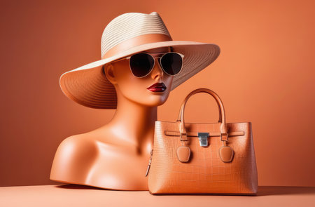mannequin of woman with hand bag, hat and sunglasses on peach color background. fashion collectionの素材