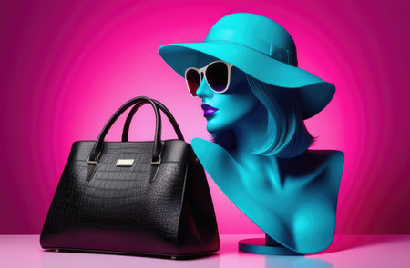 mannequin of woman with handbag, hat and sunglasses on purple background. fashion collection saleの素材