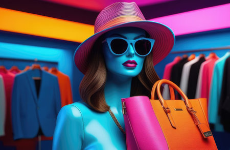 mannequin of woman with handbag, hat and sunglasses in store with neon light. trendy shoppingの素材