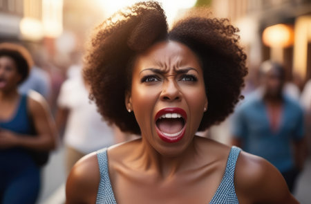 angry black protester screaming on the street. female activist striking against rights violationの素材