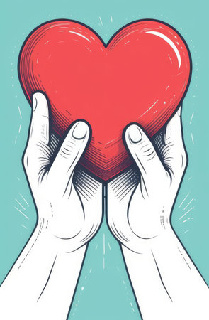 illustration of male's hands holding red heart. donation, volunteering or donoring conceptの素材