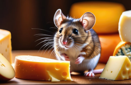 cute tiny rat eating cheese on table, close upの素材