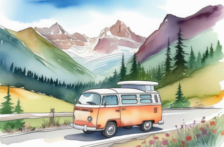 camping van outdoors with rocky mountains on background, road trip concept, watercolor landscapeの素材