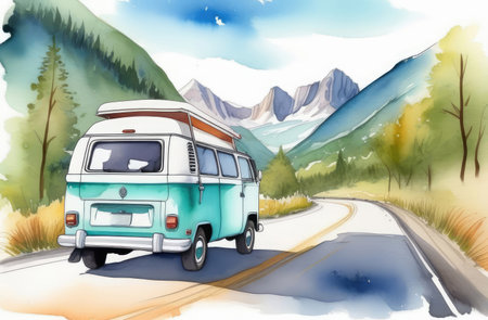 watercolor landscape of camping van at road with rocky mountains on background, traveling conceptの素材