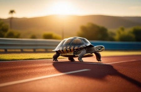 turtle outdoors on road at sunsetの素材