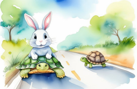 funny adorable bunny riding turtle carapace on road, watercolor illustrationの素材