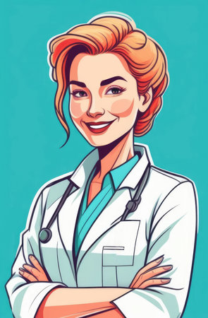 medical personal in hospital. illustration of smiling female doctor in white coat on blue backgroundの素材