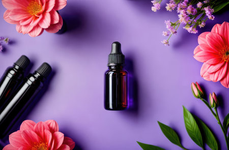 glass essence oil bottles with flowers, flatlay composition on purple backdrop. cosmetic productsの素材