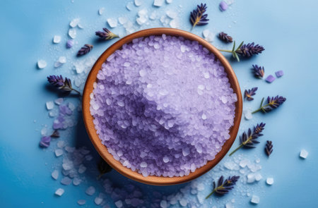 purple sea salt in cup with lavender on blue background. product for skin care and bath proceduresの素材