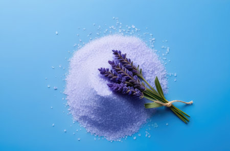 pile of purple sea salt with lavender on blue background. skin care and bath procedures productの素材