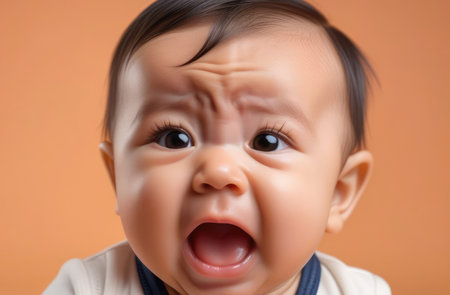 little Asian toddler crying out loud on beige background, closeup. baby careの素材