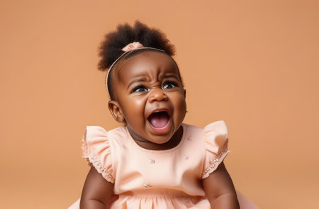 Close-up on small black girl toddler crying loudly against beige backdrop in need for baby careの素材