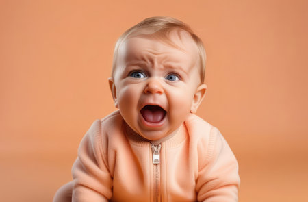 closeup of Caucasian boy toddler crying loudly on beige background, providing attentive baby careの素材