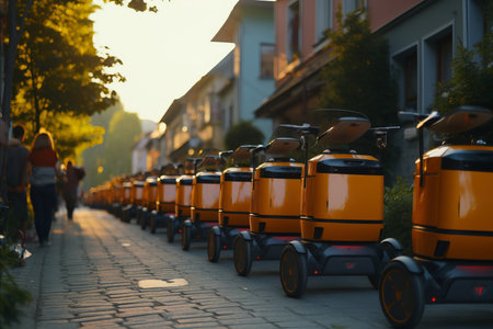Innovative autonomous delivery robots transporting packages in bustling modern cityscapeの素材