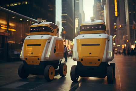 Futuristic Delivery Robots Efficiently Transporting Packages in Modern Cityscapeの素材