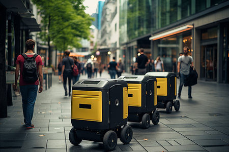 Autonomous Delivery Robots Transporting Packages in Modern Cityの素材