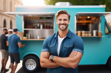 food truck operator, young Caucasian man, standing in front of mobile kitchen and smilingの素材