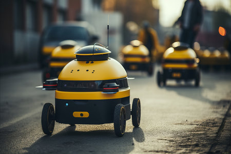 Efficient Small Delivery Robots Transporting Packages in Modern Urban City Environmentの素材