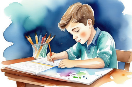 Caucasian boy drawing on sheet of paper, watercolor illustration. creative hobby, doing homeworkの素材