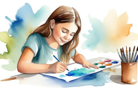 caucasian girl drawing in album at table, watercolor illustration. creative hobby, doing homeworkの素材