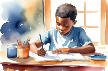 African American boy doing homework at table, watercolor illustration. children's educationの素材