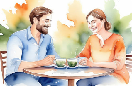 Caucasian romantic couple drinking traditional Japanese matcha tea at table, watercolor illustrationの素材