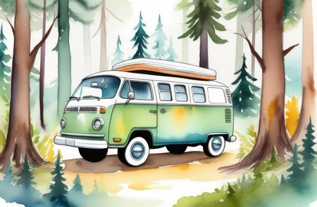 watercolor illustration of green camper van parked in forest. vacation in wild natureの素材