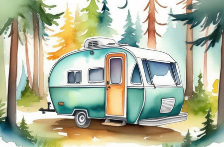 vacation in wild nature, watercolor illustration. motorhome parked in forest among trees.の素材