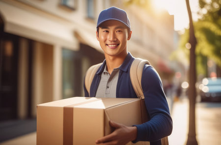 Asian delivery man in blue cap with friendly smile holding package while walking on city streetの素材