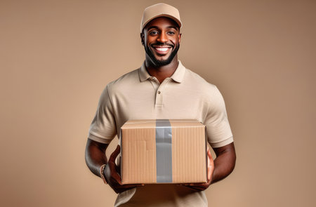 african american delivery man in cap with friendly smile holding package on beige backgroundの素材