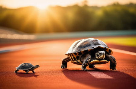 small and big turtle outdoors on road at sunsetの素材