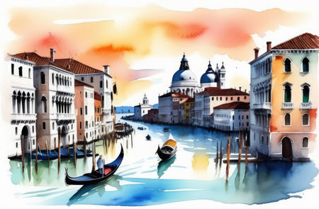 Venice, watercolor illustration of water canals with gondolas. Italy postcard, travel concept.の素材