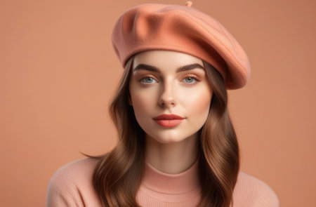 Young woman in pink beret and sweater with brown hair and blue eyes. fashion and beauty conceptの素材