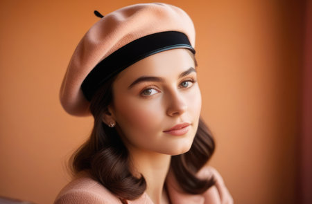 Young caucasian pretty girl in pink beret and sweater with brown hair. fashion and beauty conceptの素材