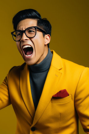 young Asian man in stylish suit and glasses screams on yellow backgroundの素材