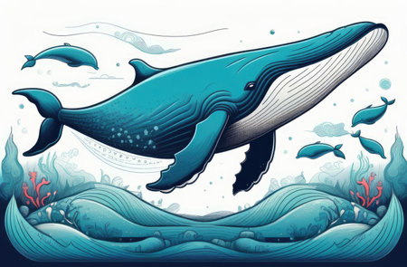 engraving illustration of giant whale under water in ocean. sea wild life and animalsの素材