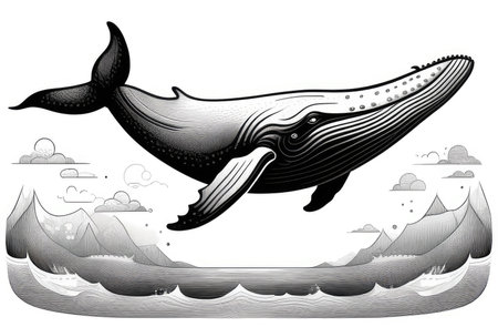 engraved illustration of giant whale jumping out of water in ocean. sea wild life and animalsの素材