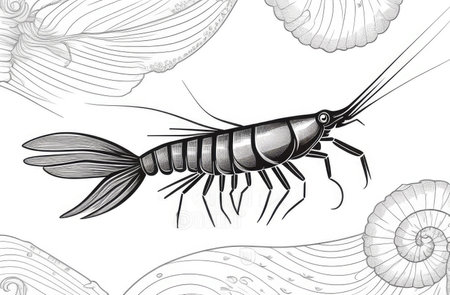 detailed line art drawing of a shrimp isolated on white background., engraving illustrationの素材