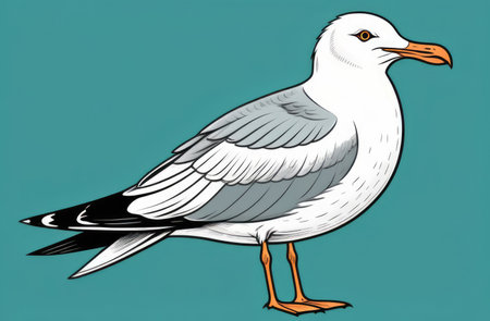 Seagull on ground isolated on turquoise background with orange beak, wings folded, illustrationの素材