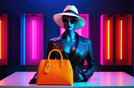 glamorous fashion collection. mannequin with handbags, hat and sunglasses in store with neon light.の素材