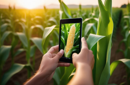 farmer using tablet to monitor the growth of his corn crop in green field at sunset. harvest seasonの素材